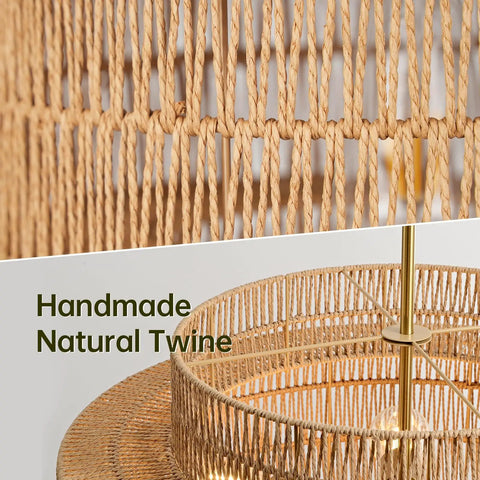 Close-up of Large Handwoven Rattan Chandelier For Dining Room Boho Chic Pendant Light With Gold Plated Cylinder Rod details.