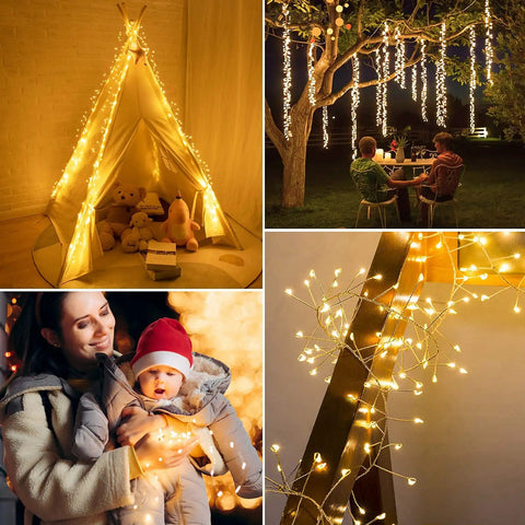Plug In Fairy Lights 10 Feet 200 LED Copper Wire Cluster Lights Waterproof Warm White for cozy decor inside tent and garden.