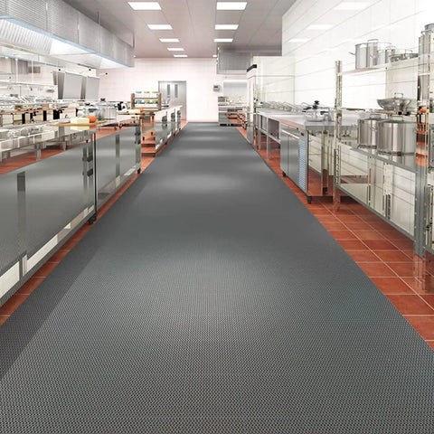Heavy Duty Drainage Mat 3x16 ft PVC Grippy Non Slip Floor Mat With Holes For Drain Deck Pool Kitchen shown in professional kitchen