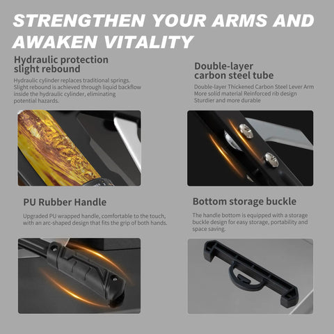 Close-up of Twister Arm Exerciser With Adjustable Hydraulic Resistance From 22 To 440 Lbs, highlighting durable PU rubber handle and carbon steel features.
