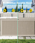 Waterproof Outdoor Storage Box With 320 Gallon Capacity UV Resistant Resin Deck Box Hydraulic Rod For Smooth Lift And Reinforced Stability Ideal For Patio Garden And Pool Gear In Grey, shown installed outdoors