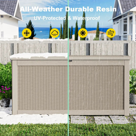 Waterproof Outdoor Storage Box With 320 Gallon Capacity UV Resistant Resin Deck Box Hydraulic Rod For Smooth Lift And Reinforced Stability Ideal For Patio Garden And Pool Gear In Grey, shown installed outdoors