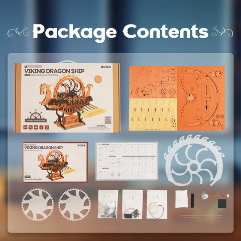 Package contents for Viking Dragon Ship 3D Wooden Puzzle For Adults With LED Lights And Flywheel 12 Auto Paddles 3 Hour Build Model Kit Gift For Men And Boys