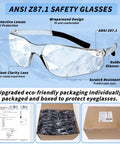 One Hundred Ten Pairs Bulk Safety Glasses Made For The Crew Featuring Ansi Z Eight Seven Point One Approval With Scratch Proof Clear Lenses, wraparound design.