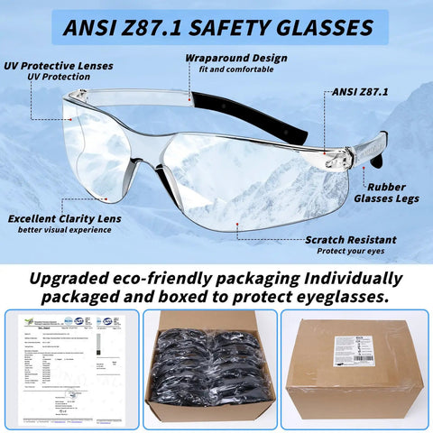 One Hundred Ten Pairs Bulk Safety Glasses Made For The Crew Featuring Ansi Z Eight Seven Point One Approval With Scratch Proof Clear Lenses, wraparound design.