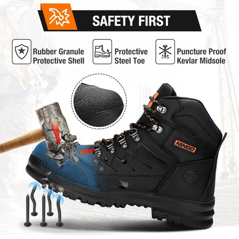 Men's Steel Toe Work Boots Full Grain Leather With Oil And Slip Resistant Puncture Proof Construction Breathable Lining
