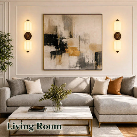 govahb 2-Light Hardwired Wall Sconces, Vintage Wall Sconce Milk Glass in a cozy living room next to artwork.