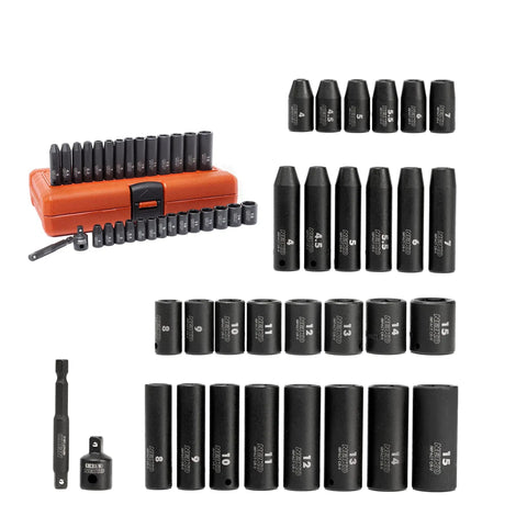 One Quarter Inch Drive Impact Socket Set For Tough Jobs And Heavy Duty Projects, 30 Piece Metric 4 To 15 MM, with case and adapters