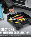 Portable Tool Creeper Caddy Tray With Four Swivel Wheels for Automotive Repair and Home Garage Use shown with tools inside.