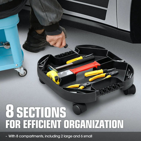 Portable Tool Creeper Caddy Tray With Four Swivel Wheels for Automotive Repair and Home Garage Use shown with tools inside.