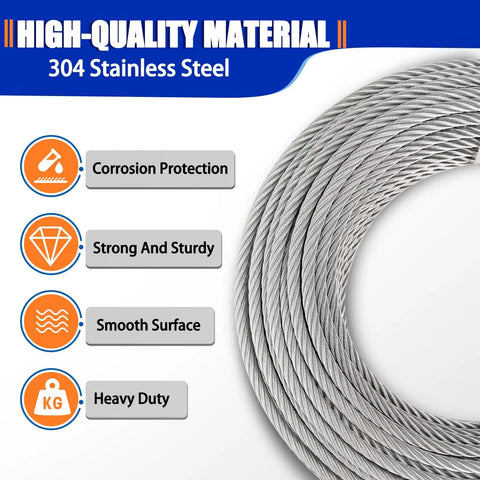 Stainless Steel Cable 5/16 Inch 25 Foot With Loops 7x19 Strand Beefy Heavy Duty Wire Rope Kit coiled with corrosion protection icons