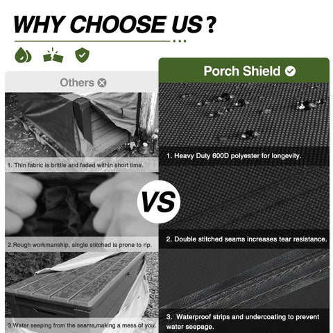 Comparison of black deck box covers with waterproof and tear-resistant benefits highlighted.