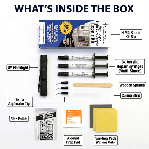 Three White Tone Color Set Included Countertop Chip Repair Kit contents with syringes, UV flashlight, spatula, and more.