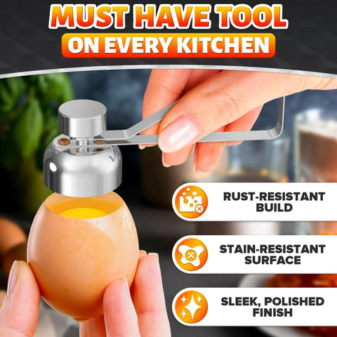 Egg Cracker Tool For Raw Eggs With Clean Cut No Mess Topper Keeps Yolks Intact And Fragments Low Durable Stainless Steel Egg Opener Easy Clean Kitchen Workhorse For Perfect Soft Boiled Or Fresh Eggs on a brown egg