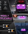 Displays Crazy Bright 5050 LED License Plate Light Kit 12V Waterproof Black Aluminum Holder Purple 2 Pack for multiple vehicles.