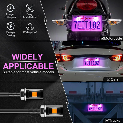 Displays Crazy Bright 5050 LED License Plate Light Kit 12V Waterproof Black Aluminum Holder Purple 2 Pack for multiple vehicles.
