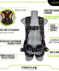 Lite Full Body Harness With Aluminum Hardware, OSHA And ANSI Compliant, Size M-L on mannequin, showing features and details.