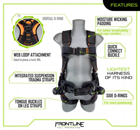 Lite Full Body Harness With Aluminum Hardware, OSHA And ANSI Compliant, Size M-L on mannequin, showing features and details.
