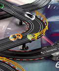 Close-up of Electric Slot Car Race Track Set With Four Cars No Wires Plug And Play Speedway Dual Controllers Lights And Sounds Super Loop.