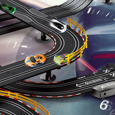 Close-up of Electric Slot Car Race Track Set With Four Cars No Wires Plug And Play Speedway Dual Controllers Lights And Sounds Super Loop.