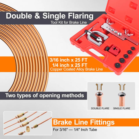 Brake Line Repair Kit With Flaring Tool Set And 25Ft 3/16 And 1/4 Inch Lines, 100 Fittings With 8 Unions, Plus Brake Line Bender