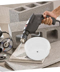 3 Pack Hole Saw Dust Collector Shields Clear Bubble Dome For Ceiling Drilling shown with a drill and cinder blocks.