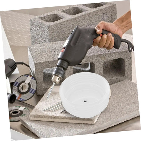 3 Pack Hole Saw Dust Collector Shields Clear Bubble Dome For Ceiling Drilling shown with a drill and cinder blocks.