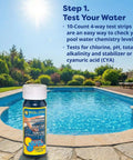 Poolside view with a water test strip bottle, part of the Pre Measured Pool Opening Kit For Up To 35,000 Gallons With Sodium Dichlor Clarifier.
