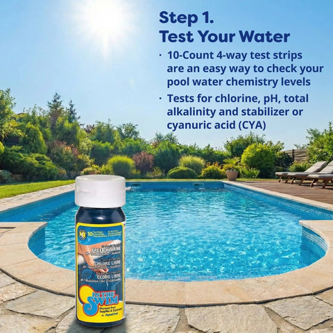 Poolside view with a water test strip bottle, part of the Pre Measured Pool Opening Kit For Up To 35,000 Gallons With Sodium Dichlor Clarifier.