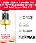 Amana Tool carbide-tipped countersink with adjustable depth stop and hex shank, front view.