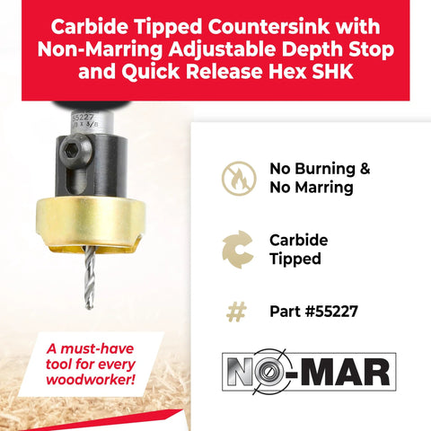 Amana Tool carbide-tipped countersink with adjustable depth stop and hex shank, front view.