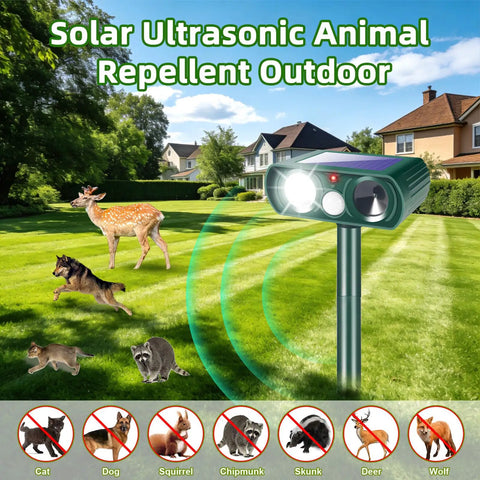 2 Pack Solar Ultrasonic Deer Repellent With Motion Sensor And Bright LED Strobe To Keep Deer Squirrels Raccoons Skunks Cats And Other Critters Off Your Yard IP65 Waterproof Outdoor Deterrent, solar yard stake