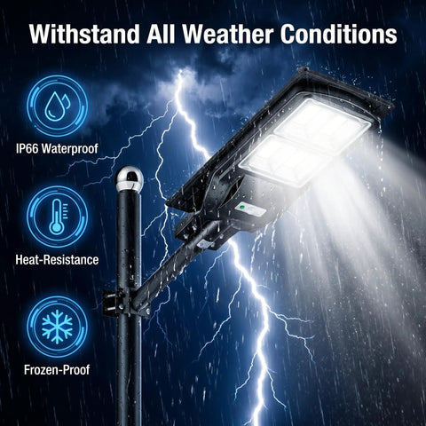 2 Pack Solar Street Light 180000 Lumens Outdoor LED Flood Light With IP66 waterproof feature in stormy weather