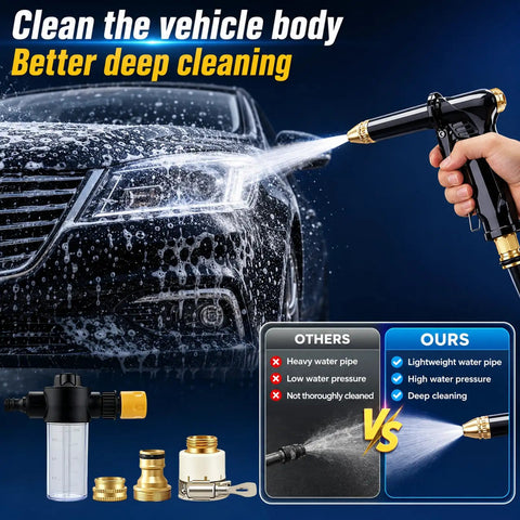 Beastly High Pressure Hose Nozzle For Garden Hose spraying water on a car, showing adjustable spray wand for car wash.