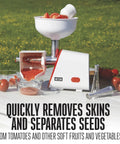 Weston Deluxe Electric Tomato Strainer And Food Mill Sauce Maker with 250W motor processing tomatoes into sauce.