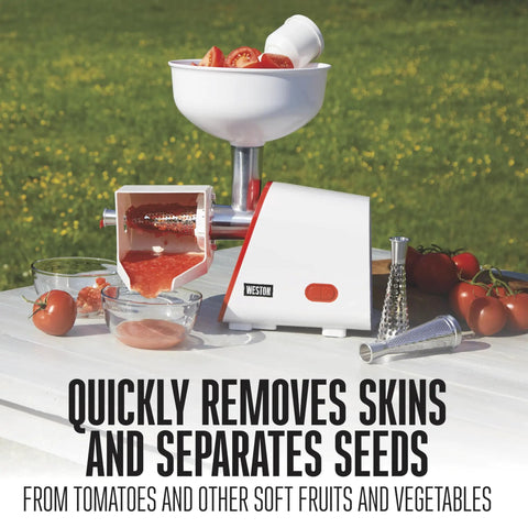 Weston Deluxe Electric Tomato Strainer And Food Mill Sauce Maker with 250W motor processing tomatoes into sauce.