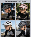 Lightweight Adult Bike Helmet With USB Rechargeable Rear Light, Detachable Magnetic Goggles, OTG Visor used in different settings.