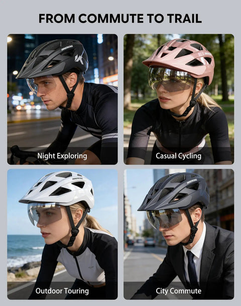 Lightweight Adult Bike Helmet With USB Rechargeable Rear Light, Detachable Magnetic Goggles, OTG Visor used in different settings.