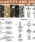 Heavy Duty Canvas Snap Kit With 465 Pcs Boat Cover Snaps 15mm Marine Stainless Fasteners Five Color Options displayed with components and sizes.