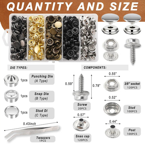Heavy Duty Canvas Snap Kit With 465 Pcs Boat Cover Snaps 15mm Marine Stainless Fasteners Five Color Options displayed with components and sizes.