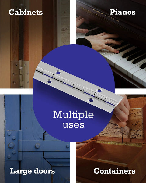Rock Solid Stainless Steel Continuous Pin Hinge 30 X One Point Five Inch Rust Resistant Surface Mount Door Hardware for cabinets and pianos.