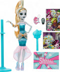Dawn Of The Dance Lagoona Blue Reproduction Doll Prepped For A Ripper Party Sea Blue Gown With Pink Accents with accessories.