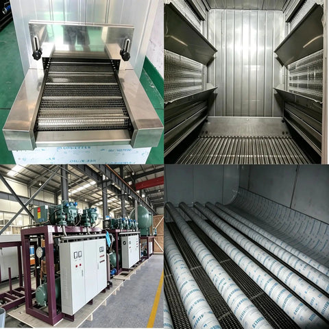 Top Shelf Industrial Tunnel Freezer With Sturdy Roller Conveyor Belt for lightning fast individual quick freezing inside processing facility.