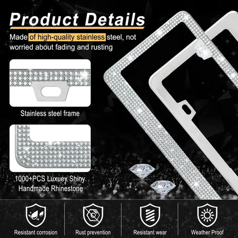 Product details of Sparkly Rhinestone License Plate Frame For Women, Two Pack Bling Car Accessories, Premium Stainless Steel Frame
