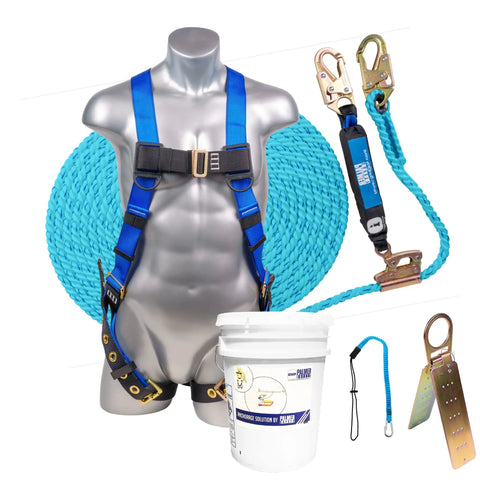Roofing Safety Kit With Full Body Harness 100 Ft Vertical Rope Anchor Set Tool Lanyard And Duffle Bag Blue Fall Protection