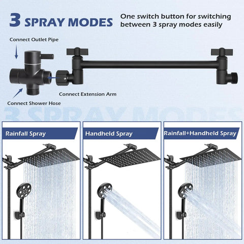 Diagram of High Pressure Rain Shower Head With Handheld Spray Combo showing 3 spray modes and connection points.