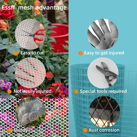 Heavy Duty Black Plastic Netting Fence Roll For Pets And Gardens, mesh comparison showing cutting and durability features