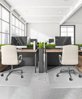 Office workspace with chairs on Heavy Duty Office Chair Mat for Carpets 48 By 36 Inches Clear Plastic Floor Protector With Non Slip Backing.