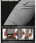 Water-resistant Men's Hiking Convertible Pants Zip Off for Outdoor Adventure, showing water flow on light grey fabric.