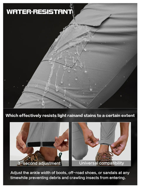 Water-resistant Men's Hiking Convertible Pants Zip Off for Outdoor Adventure, showing water flow on light grey fabric.